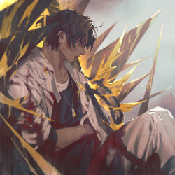  1boy arknights black_hair blood blood_on_clothes blood_on_face dark-skinned_male dark_skin ear_piercing earclip english_commentary grey_background highres injury jacket jewelry male_focus manjyufroth necklace orange_eyes pants piercing ponytail profile shirt short_ponytail simple_background sitting solo spikes thorns_(arknights) white_pants 