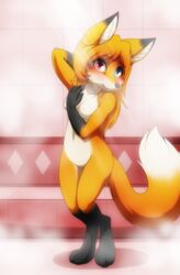  2020 amber_(mancoin) anthro bathroom black_body black_fur black_nose blush breasts canid canine cartoon_nudity darkmirage digital_media_(artwork) featureless_crotch female fingers fox foxyverse fur hair heterochromia hi_res long_hair looking_at_viewer mammal navel orange_body orange_fur shower small_breasts solo standing white_body white_fur 