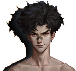  1boy bandaid bandaid_on_face bandaid_on_nose black_hair brown_eyes collarbone earrings highres jewelry joe_(megalo_box) looking_at_viewer male_focus megalo_box portrait scar scar_on_face shadow simple_background single_earring solo stan. white_background 