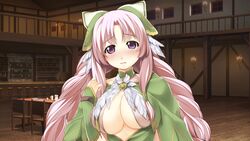  atelier-moo blush braid breasts cleavage closed_mouth curtained_hair dress drunk female highres large_breasts long_hair long_sleeves looking_at_viewer narrow_waist night nina_lazydaisy pink_eyes pink_hair ribbon sad smile solo standing tavern twin_braids upper_body wizards_symphony 