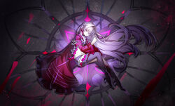  absurdres black_footwear boots commentary_request dress female grey_hair grey_pantyhose hair_intakes hamilundenongdizhe high_heel_boots high_heels highres honkai_(series) honkai_impact_3rd long_hair long_sleeves looking_at_viewer midriff navel pantyhose purple_eyes red_dress single_leg_pantyhose smile solo stomach thelema_(honkai_impact) very_long_hair wide_sleeves 