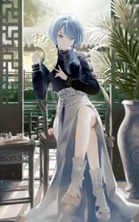  architecture blue_eyes blue_hair blue_nails blue_shirt chair closed_mouth crossed_legs east_asian_architecture female folding_fan full_body grey_footwear hair_over_shoulder hand_fan high-waist_skirt highres holding hololive hoshimachi_suisei hoshimachi_suisei_(oriental_suit) iva_(iva4111) long_sleeves looking_at_viewer nail_polish official_alternate_costume plant potted_plant shadow shirt side_slit sitting skirt smile solo toeless_footwear toenail_polish toenails toes virtual_youtuber 