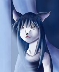  anthro black_hair black_nose bodily_fluids canid canine canis clothed clothing curtains fangs female hair hi_res kisuzu_rumina mammal sad solo studio_chizu tears teeth wind wolf wolf_children yuki_(wolf_children) 