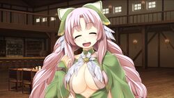  ^_^ atelier-moo braid breasts cleavage closed_eyes closed_mouth curtained_hair dress female happy highres indoors large_breasts long_hair long_sleeves looking_at_viewer narrow_waist nina_lazydaisy open_mouth pink_hair ribbon smile solo standing tavern twin_braids upper_body very_long_hair wizards_symphony 