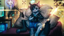  16:9 2022 absurd_res anthro armwear bed bedroom big_pillow blaedic blue_eyes blue_pawpads boom_microphone bottomwear bridal_gauntlets clothed clothing computer controller cropped_jacket crossdressing crown cute_fangs detailed_background domestic_cat ear_tuft electronics felid feline felis femboy floating_crown front_view fully_clothed fur_trim_(clothing) furniture gaming glowing_crown hair headgear hi_res holding_controller holding_object inner_ear_fluff inside lens_flare light lighting lumikin male male_anthro mammal microphone on_bed open_mouth pawpads pillow pop_filter ps4_controller rainbow_piercings reclining short_hair shorts sitting solo spread_legs spreading toeless_legwear toeless_stockings tuft widescreen 