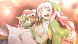  1boy ^_^ alto_travers arms_around_neck atelier-moo between_breasts blush braid breasts brown_hair cleavage closed_eyes covering_face dress face_between_breasts female hair_ribbon hand_on_another&#039;s_head head_between_breasts highres hug large_breasts long_hair nina_lazydaisy open_mouth pink_hair ribbon short_hair smile standing twin_braids wince wizards_symphony 