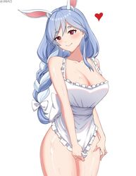  animal_ear_fluff animal_ears apron blue_hair braid braided_ponytail breasts cleavage collarbone covering_crotch covering_privates female heart highres hololive large_breasts long_hair looking_at_viewer mature_female multicolored_hair naked_apron pekomama rabbit_ears rabbit_girl red_eyes sharly short_eyebrows solo streaked_hair suggestive_fluid virtual_youtuber white_apron white_background white_hair 