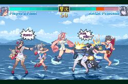  5girls abyssal_ship apron atoll_aircraft_carrier_anchorage_princess barefoot black_dress black_footwear black_hair blue_one-piece_swimsuit breasts cloud colored_skin day dress drum_(kancolle) fighting_game gameplay_mechanics glasses grey_hair grey_skin hat headgear health_bar heian_maru_(kancolle) high_heels horns i-36_(kancolle) i-41_(kancolle) kantai_collection kicking letterboxed long_hair multiple_girls one-piece_swimsuit oobako open_mouth outdoors pink_hair pixel_art pointing rigging sailor_collar short_twintails sky standing swimsuit thighhighs twintails very_long_hair water white_apron 