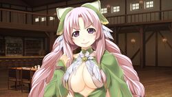  atelier-moo braid breasts cleavage closed_mouth curtained_hair dress female highres large_breasts long_hair long_sleeves looking_at_viewer narrow_waist nina_lazydaisy pink_eyes pink_hair ribbon smile solo standing tavern twin_braids upper_body v-shaped_eyebrows very_long_hair wizards_symphony 