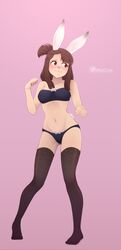  :3 absurdres animal_ears ass_visible_through_thighs asymmetrical_bangs black_bra black_panties black_thighhighs bra brown_eyes brown_hair female highres kagari_atsuko light_blush little_witch_academia long_hair looking_to_the_side mycrys navel panties paw_pose pink_background rabbit_ears rabbit_girl rabbit_nose rabbit_tail red_eyes snout solo tail thighhighs twitter_logo twitter_username underwear 