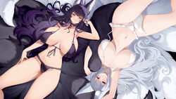  2girls absurdres animal_ear_fluff animal_ears armpits azur_lane bare_shoulders bikini blue_eyes blunt_bangs blush breasts breasts_apart cameltoe choker cleavage collarbone curly_hair facial_mark feet fox_ears fox_girl fox_tail frilled_bikini frills front-tie_bikini_top front-tie_top grin highres huge_breasts kanon_(sinto) kitsune large_breasts long_hair looking_at_viewer lying multiple_girls multiple_tails musashi_(azur_lane) navel on_back on_side panties parted_lips purple_hair shinano_(azur_lane) shinano_(dreamy_white_sands)_(azur_lane) smile stomach swimsuit tail thighs thong underwear untied_bikini very_long_hair whisker_markings white_bikini white_hair white_tail yellow_eyes 