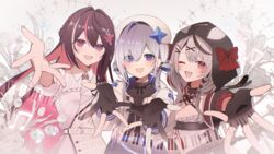  3girls :d absurdres amane_kanata amane_kanata_(work) animal_hood ascot asymmetrical_bangs azki_(4th_costume)_(hololive) azki_(hololive) belt beret black_dress black_gloves black_hair black_jacket blue_belt blue_hair blush braid breasts camisole chest_belt cleavage collared_dress colored_inner_hair commentary double-parted_bangs dress fingerless_gloves flower frilled_camisole frilled_dress frills gloves grey_hair hair_between_eyes hair_flower hair_intakes hair_ornament hair_over_one_eye hair_rings hairclip half_updo hat heart_collar highres hololive hood hood_up jacket jewelry kanata_kensetsu large_breasts long_hair long_sleeves looking_at_viewer low_twintails md5_mismatch multicolored_hair multiple_girls musical_note necklace official_alternate_costume official_alternate_hairstyle one_eye_closed open_clothes open_jacket orca_hood partially_fingerless_gloves piano_keys pink_hair puffy_long_sleeves puffy_sleeves purple_eyes reaching reaching_towards_viewer red_eyes sakamata_chloe sakamata_chloe_(1st_costume) short_dress side_braid sidelocks single_hair_intake sleeves_past_elbows smile star_(symbol) star_necklace straight-on streaked_hair symbol-only_commentary tulip twintails two-sided_fabric two-sided_jacket uehara_(dormmmmir_) upper_body very_long_hair virtual_youtuber white_ascot white_belt white_camisole white_dress white_hair white_hat white_jacket x_hair_ornament 