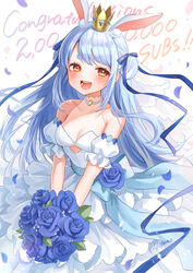  :d absurdres alternate_costume animal_ear_fluff animal_ears bare_shoulders bead_choker blue_flower blue_hair blue_ribbon blue_rose blue_sash bouquet breasts cleavage collarbone commentary_request confetti congratulations cowboy_shot crown detached_sleeves double_bun dress english_text female flower frilled_dress frilled_sleeves frills hair_bun hair_ribbon happy highres hikimayu holding holding_bouquet hololive layered_dress leaf long_hair looking_at_viewer mini_crown miyamo_(fumifumi_no_ura) open_mouth orange_eyes puffy_short_sleeves puffy_sleeves rabbit_ears ribbon rose sash short_sleeves signature simple_background smile solo sparkle standing strapless strapless_dress usada_pekora v_arms veil virtual_youtuber waist_sash white_background white_dress white_veil 