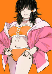  absurdres bikini black_hair black_nails bra braid breasts chainsaw_man earrings female grey_eyes hands_on_own_hips highres jacket jewelry lace lace_bra looking_at_viewer mifune_fumiko multiple_rings navel_piercing orange_background orange_bikini piercing pink_jacket ring sailen0 short_hair swimsuit twin_braids underwear 