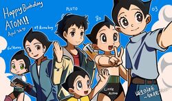  6+boys atom_(pluto) atom_(tetsuwan_atom) black_eyes black_hair black_shorts blue_jacket blue_sky brown_eyes character_name closed_mouth copyright_name crossed_arms crossover cup dated disposable_cup drink drinking_straw english_commentary english_text green_eyes hands_up happy_birthday highres holding holding_cup holding_phone in-franchise_crossover jacket lolicon long_sleeves looking_at_viewer looking_up male_focus multiple_boys multiple_crossover multiple_persona open_mouth outstretched_arm phone pluto_(manga) reaching reaching_towards_viewer red_eyes red_shirt shirt short_hair shorts sky smile somezaki_midori spiked_hair taking_picture tetsuwan_atom topless_male turtleneck v white_shirt 