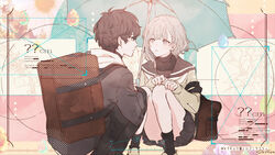  1boy bag black_hair black_jacket black_pants black_sailor_collar black_skirt black_socks blue_umbrella brown_bag closed_mouth commentary_request earrings english_text eye_contact female flower flower_(symbol) hakoniwalily hands_on_own_knee holding holding_umbrella honeyworks jacket jewelry long_sleeves looking_at_another mikkun_04 mole mole_under_eye pants parted_lips photo_inset pleated_skirt polka_dot polka_dot_background rain sailor_collar school_bag school_uniform serafuku signature skirt socks squatting straight sweater translation_request umbrella under_umbrella yellow_footwear 