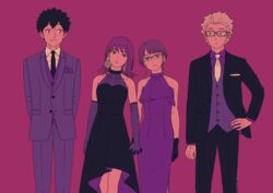  2boys 2girls :3 :o bare_shoulders black_dress black_gloves black_hair black_jacket black_necktie black_pants blonde_hair closed_mouth collared_shirt dress elbow_gloves flipped_hair formal glasses gloves gown head_tilt holding_hands interlocked_fingers jacket katori_youko limited_palette lineup looking_at_another medium_hair miura_yuuta mnmikwt multiple_boys multiple_girls necktie pants petals pink_background purple_dress purple_gloves purple_hair purple_shirt purple_vest shirt short_hair side-by-side sideways_glance sleeveless sleeveless_dress smile somei_hana standing suit two-sided_fabric vest wakamura_rokurou white_necktie white_shirt world_trigger 