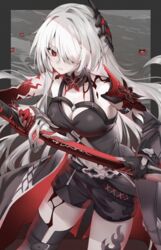  acheron_(honkai:_star_rail) bare_shoulders black_gloves black_shorts breasts cleavage commentary cowboy_shot female gloves hair_ornament hair_over_one_eye highres holding holding_sword holding_weapon honkai:_star_rail honkai_(series) katana long_hair looking_at_viewer mellow_kaede official_alternate_color red_eyes short_shorts shorts solo standing sword thighs very_long_hair weapon white_hair 