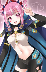  :d arm_up asymmetrical_pants black_pants black_thighhighs blue_cape blunt_bangs blush breasts cape commentary_request cowboy_shot crop_top facial_mark female fire_emblem fire_emblem_engage grey_background grey_hair hair_rings heart highres hortensia_(fire_emblem) kirishima_riona leggings long_sleeves looking_at_viewer midriff multicolored_hair navel open_mouth pants pink_eyes pink_hair sage_outfit_(fire_emblem_engage) short_hair single_thighhigh small_breasts smile solo standing stomach streaked_hair thighhighs thighs v 