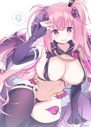  \||/ absurdres anneliese areola_slip arm_at_side bare_shoulders black_panties black_thighhighs blush breasts cleavage commentary_request cowboy_shot crown curled_horns curvy demon_girl demon_horns demon_tail demon_wings detached_collar detached_sleeves female floating_hair frown furrowed_brow hair_ribbon hand_up heart heart-shaped_ornament heart_o-ring highres horns huge_breasts kimagure_temptation long_hair looking_at_viewer midriff mini_crown navel o-ring o-ring_thigh_strap open_mouth panties pink_eyes pink_hair ribbon simple_background sleeves_past_wrists solo speech_bubble spoken_sweatdrop sukonbu385 sweatdrop tail thick_thighs thigh_gap thigh_strap thighhighs thighs twintails underwear very_long_hair wavy_mouth white_background wide_hips wings 