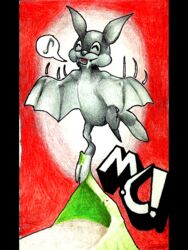  3:4 bat black_body black_fur conker conker&#039;s_bad_fur_day fur hi_res leaf-nosed_bat male mammal marthan_crowl_(artist) microbat rareware red_background simple_background solo traditional_media_(artwork) vampire_bat yangochiropteran 