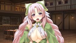  atelier-moo blush braid breasts cleavage curtained_hair dress drunk female highres large_breasts long_hair long_sleeves looking_at_viewer narrow_waist night nina_lazydaisy open_mouth pink_eyes pink_hair ribbon smile solo standing tavern twin_braids upper_body v-shaped_eyebrows very_long_hair wizards_symphony 