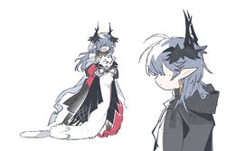  2boys :&lt; animal animalization arknights ascot bare_shoulders black_cape black_dress black_jacket cape chinese_commentary closed_eyes commentary_request dangle_earrings dress earrings feline female grey_hair hair_over_eyes holding holding_animal holding_cat hood hooded_jacket horns jacket jewelry ling_s logos&#039;_mother_(arknights) logos_(arknights) long_hair longcat_(meme) looking_at_another meme mole mole_on_cheek multiple_boys open_mouth pointy_ears sanguinarch_(arknights) simple_background smile white_background white_cat 