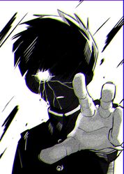  1428_ewe 1boy bowl_cut debris face_in_shadow gakuran glowing glowing_eyes hair_over_one_eye hand_up highres kageyama_shigeo kageyama_shigeo_(???) korean_commentary male_focus mob_psycho_100 motion_blur one_eye_covered parted_lips reaching reaching_towards_viewer school_uniform short_hair solo upper_body 