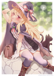  artist_request bag bandaid bandaid_on_knee bandaid_on_leg black_cat blonde_hair blush boots breasts cape dress feline female gloves hat highres little_witch_nobeta long_hair looking_at_viewer nobeta official_art open_mouth outdoors phyllis_(cat)_(little_witch_nobeta) phyllis_(little_witch_nobeta) purple_cape purple_thighhighs red_eyes sitting small_breasts solo sunlight thighhighs white_gloves witch_hat zettai_ryouiki 