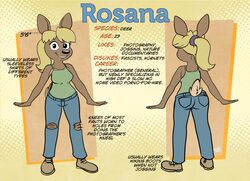  2021 anthro ass blonde_hair boots bottomwear breasts brown_body brown_fur cervine clothed clothing deer denim denim_bottomwear denim_clothing digital_media_(artwork) english_text female footwear fur hair jeans legwear looking_at_viewer mammal model_sheet pants ponytail rosana_(tvma) shirt smile solo tail tank_top text topwear torn_bottomwear torn_clothing torn_jeans torn_legwear torn_pants tvma 