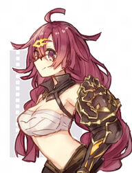  antenna_hair armpits braid breasts cleavage closed_mouth dorothy_(sinoalice) female gauntlets glasses hair_ornament hairpin long_hair looking_at_viewer merry-san navel purple_eyes purple_hair sarashi simple_background single_gauntlet sinoalice smile twin_braids white_background 