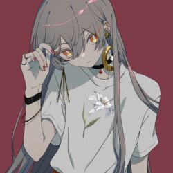  absurdres bad_id bad_pixiv_id bangle blue_menouu bracelet bright_pupils choker crescent crescent_earrings earrings female floral_print flower glint grey_hair grey_shirt hair_between_eyes highres jewelry leaf lily_(flower) lily_print long_hair mismatched_earrings orange_eyes original pink_nails print_shirt red_background shirt short_sleeves simple_background solo upper_body white_flower white_pupils 