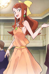  90millimetri ahoge bare_arms bare_shoulders belt blush bow bracelet breasts brown_eyes brown_hair chandelier choker collarbone dress earrings female formal hairbow hanna_england highres indoors jewelry little_witch_academia long_hair looking_at_viewer necklace open_mouth orange_dress sidelocks sleeveless sleeveless_dress small_breasts smile solo_focus tied_hair yellow_belt yellow_bow 