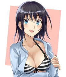  bikini black_hair blue_eyes breasts cleavage commentary_request female front-tie_bikini_top front-tie_top hero-san_to_moto_onna_kanbu-san highres honjou_hayate large_breasts open_clothes open_mouth open_shirt sleeves_past_wrists smile solo somechime_(sometime1209) striped_bikini striped_clothes sweatdrop swimsuit upper_body 