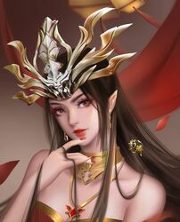  bare_shoulders brown_hair cai_lin_(doupo_cangqiong) doupo_cangqiong dress earrings female hair_ornament hand_up highres jewelry long_hair looking_up necklace parted_lips pointy_ears portrait red_dress red_eyes red_nails second-party_source sgmmwan solar_term solo tassel 