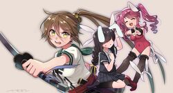  3girls animal_ears braid brown_hair ensemble_girls! fake_animal_ears hair_over_eyes hisayoshi_(hisa) holding holding_sword holding_weapon kimisaki_school_uniform leotard long_hair looking_at_viewer mineyama_shion multiple_girls pink_hair playboy_bunny ponytail rabbit_ears red_leotard sanjou_gin school_uniform strapless strapless_leotard sword twin_braids twintails weapon white_background yakumo_chizuru yellow_eyes 