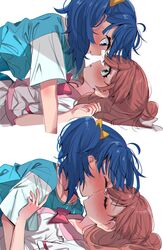  2girls blue_eyes blue_hair blush bow closed_eyes cowgirl_position eru eye_contact green_eyes hairbow hirogaru_sky!_precure kissing looking_at_another lying medium_hair multiple_girls multiple_views nijigaoka_mashiro on_back precure red_hair short_hair simple_background sora_harewataru white_background yellow_bow yuri 