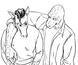  2020 anthro arm_around_shoulders beastars black_and_white clothed clothing duo equid equine ffog gosha_(beastars) hair horse jacket komodo_dragon lizard long_sleeves looking_at_another male male/male mammal monitor_lizard monochrome open_clothing open_jacket open_topwear reptile scalie shirt simple_background smile topwear white_background yafya_(beastars) 