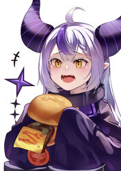  +++ ahoge blush braid burger burger_malfunction collar commentary demon_horns donggua_bing_cha female food grey_hair highres holding holding_food hololive horns jacket la+_darknesss la+_darknesss_(1st_costume) long_sleeves metal_collar multicolored_hair open_mouth pointy_ears purple_hair purple_jacket simple_background sleeves_past_fingers sleeves_past_wrists solo streaked_hair tearing_up upper_body virtual_youtuber white_background yellow_eyes 