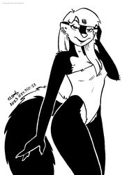  2023 anthro bedroom_eyes breasts clothed clothing ear_piercing ear_ring female fur hair hi_res kelly_o&#039;dor looking_at_viewer mammal mephitid monochrome narrowed_eyes one-piece_swimsuit piercing ring_piercing seductive skunk solo swimwear tegerio zandar&#039;s_saga 