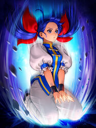  ahoge artist_request blue_eyes blue_footwear blue_hair breasts chinese_clothes closed_mouth fatal_fury female flats futaba_hotaru garou:_mark_of_the_wolves hair_ribbon highres long_hair low_twintails official_art pants photoshop_(medium) puffy_short_sleeves puffy_sleeves red_ribbon ribbon shoes short_sleeves simple_background small_breasts solo the_king_of_fighters the_king_of_fighters_all-stars the_king_of_fighters_xi twintails wristband 