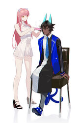  1boy :| arjuna_(fate) arjuna_alter_(fate) arjuna_alter_(student_council_president)_(fate) bare_arms bare_shoulders black_eyes black_hair blue_necktie breasts chair closed_mouth dark-skinned_male dark_skin dress fate/grand_order fate_(series) female formal full_body glasses glowing_horns hair_between_eyes hair_iron hair_straightener highres holding horns jacket jewelry light_smile long_hair long_sleeves looking_at_another looking_at_viewer medb_(fate) medb_(lostroom_outfit)_(fate) medium_breasts necktie official_alternate_costume pink_hair semi_(p-poco) shirt short_dress short_hair sitting sitting_on_object sleeves_past_wrists standing tail tiara white_background white_dress yellow_eyes 