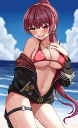  arrow_through_heart bad_id bad_pixiv_id badge beach bikini black_jacket blue_sky blurry blurry_background blush breasts button_badge cleavage cloud cloudy_sky commentary contrapposto cowboy_shot day earrings emoji female glint gradient_hair grin halterneck hand_on_own_chest heart heart_earrings heart_necklace heterochromia highres hololive houshou_marine houshou_marine_(summer) jacket jewelry large_breasts long_hair looking_at_viewer moonbell multicolored_hair nail_polish navel necklace o-ring o-ring_thigh_strap ocean off_shoulder official_alternate_costume official_alternate_hair_length official_alternate_hairstyle open_clothes open_jacket outdoors pleading_face_emoji ponytail purple_hair red_bikini red_eyes red_hair red_nails sky smile solo stomach string_bikini swimsuit thigh_strap thighs two-tone_hair unzipped very_long_hair virtual_youtuber wet yellow_eyes 