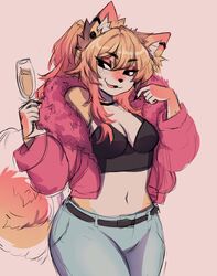  absurd_res alcohol anakoluth anthro aska_(anakoluth) beverage big_breasts black_nails blonde_hair bottomwear breasts canid canine canis choker cleavage clothed clothing colored_nails container crop_top cup curled_tail denim denim_bottomwear denim_clothing domestic_dog drinking_glass drunk female fur glass glass_container glass_cup hair halter_top hi_res holding_beverage holding_object jacket jeans jewelry makeup mammal midriff nails navel necklace open_clothing open_jacket open_mouth open_topwear pants piercing shirt smile smirk solo substance_intoxication tail topwear wide_hips wine wine_glass yellow_body yellow_fur 