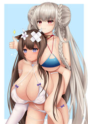  2girls :i @_@ absurdres animal_ears azur_lane bandaid bandaid_on_head bikini blue_background blue_bikini blush braid braided_bun breasts brown_hair carrying commentary_request cow_ears cow_girl cow_horns criss-cross_halter crossed_bandaids double_bun flower flying_sweatdrops formidable_(azur_lane) formidable_(the_lady_of_the_beach)_(azur_lane) gintokyhenry hair_between_eyes hair_bun hair_flower hair_ornament halterneck heavy highres horns huge_breasts kashino_(azur_lane) kashino_(hot_springs_relaxation)_(azur_lane) large_breasts leaning_forward long_hair multi-strapped_bikini_bottom multiple_girls official_alternate_costume piggyback platinum_blonde_hair purple_eyes red_eyes simple_background skindentation struggling sweat swimsuit thumbs_up trembling trembling_legs very_long_hair white_bikini white_flower 