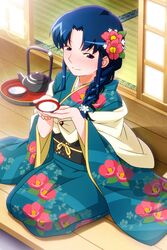  blue_eyes blue_hair blush braid braided_ponytail cup female floral_print flower fujiwara_aya furisode hair_flower hair_ornament hair_over_shoulder japanese_clothes kimono long_hair long_sleeves looking_at_viewer non-web_source official_art photoshop_(medium) sakazuki seiza sitting sliding_doors smile solo super_real_mahjong tanaka_ryou tatami tokkuri tray wide_sleeves 