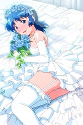  bead_necklace beads blue_eyes blue_hair blush bouquet dress elbow_gloves feet_out_of_frame female flower garter_straps gloves hair_flower hair_ornament holding holding_bouquet jewelry looking_at_viewer lying medium_hair necklace non-web_source official_art on_bed on_side open_mouth panties pantyshot photoshop_(medium) solo super_real_mahjong tanaka_ryou thighhighs underwear veil wedding_dress white_dress white_gloves white_panties white_thighhighs yuu_(super_real_mahjong) 