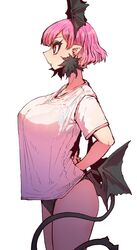  arms_behind_back bat_wings black_panties black_tail black_wings bra_visible_through_clothes breasts earrings female from_side highres jewelry large_breasts no_pants panties pink_eyes pink_hair pointy_ears pointy_nose raspberry_(yakunitatsu_node_chi_o_kudasai) shirt short_hair simple_background t-shirt tail underwear vampire white_background white_shirt wings yakunitatsu_node_chi_o_kudasai zyugoya 