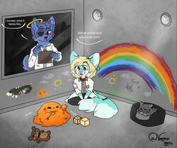  2_tails accessory ambiguous_gender anthro armband canid canine cat_bed clipboard clothing coat collar containment_cell countershading drawing ear_piercing ear_tag felid feline female fennec_fox feral fox goo_creature group halo lab_coat letter_block lgbt_pride lily_foxworthy male mammal monster multi_tail multicolored_armband observation_window pet_bed piercing plushie pride_color_accessory pride_color_armband pride_colors rainbow rainbow_arch scientist scp-529 scp-682 scp-999 scp_foundation silhouette sitting studying tail teddy_bear text topwear toy_block trans_(lore) trans_woman_(lore) transgender_pride_colors true_fox unknown_character vermin_louse vibing 