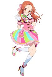  absurdres aikatsu!_(series) aikatsu_on_parade! female full_body gloves high_heels highres kneehighs long_hair multicolored_clothes multicolored_footwear multicolored_skirt official_art otoshiro_noel puffy_sleeves red_eyes red_hair short_sleeves simple_background skirt smile socks solo white_background white_socks 